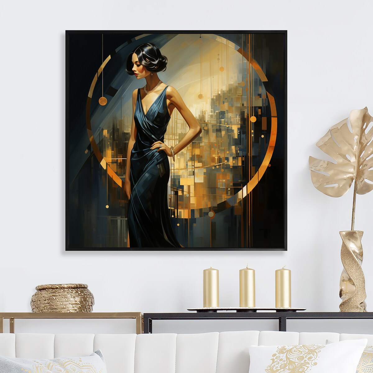 Designart "Sapphire And Gold Woman Elegance III" Woman Black Wall Decor - Modern Entryway Framed Wall Art Print