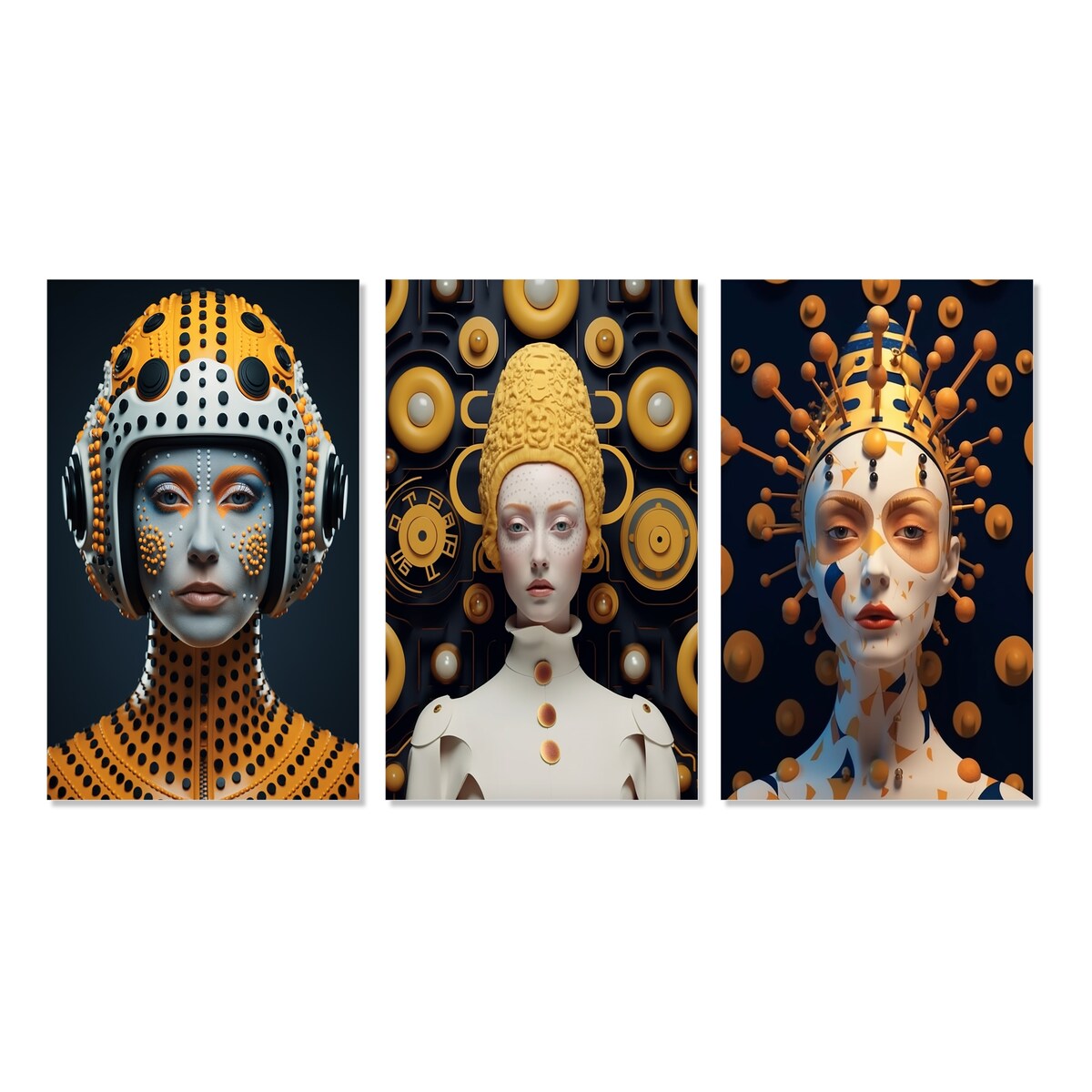 Designart "Sci-Fi Beauty Futuristic Space Woman Portrait I" Fashion Woman Gold - Printed Art Set Of 3 For Bedroom