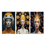 Designart "Sci-Fi Beauty Futuristic Space Woman Portrait I" Fashion Woman Gold - Printed Art Set Of 3 For Bedroom