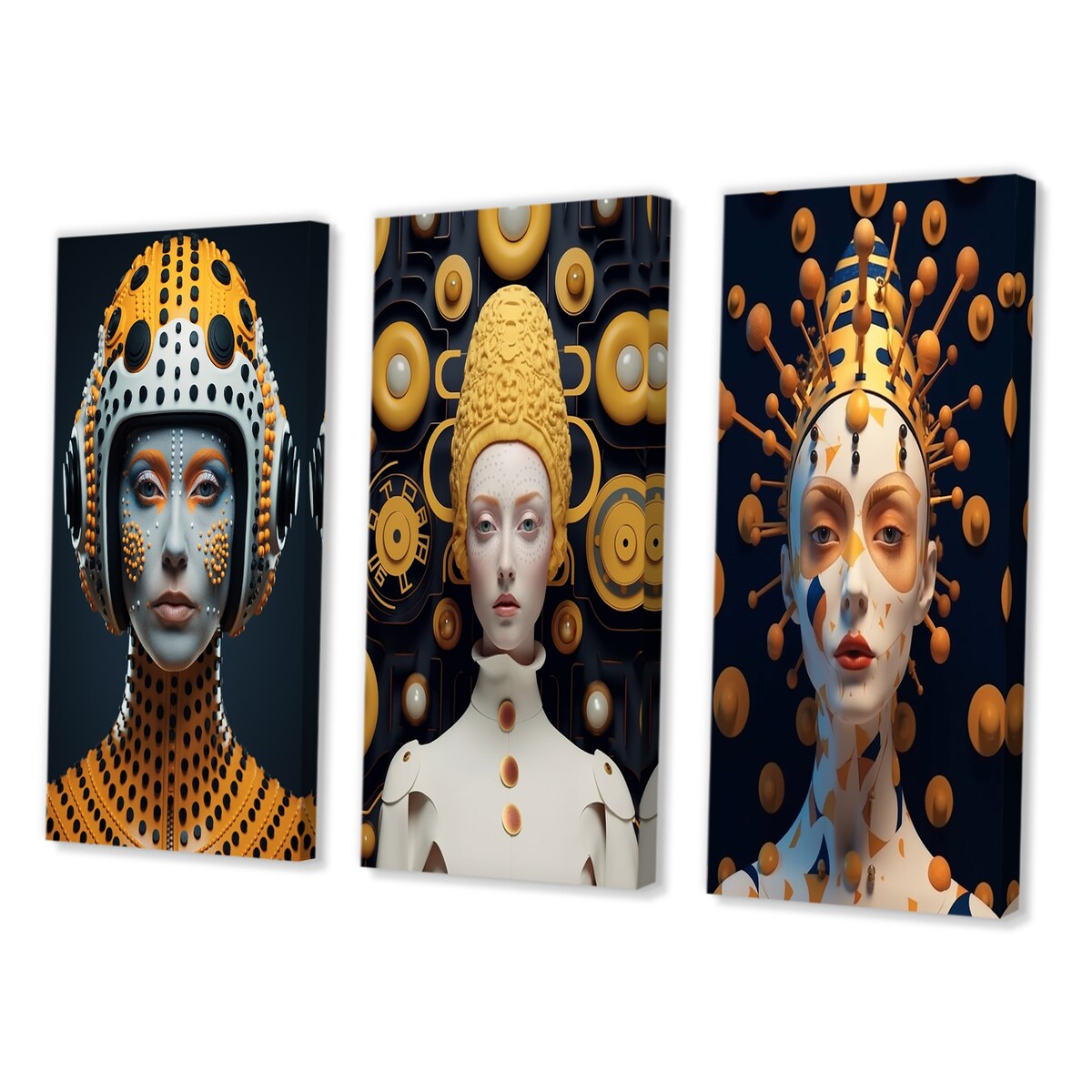 Designart "Sci-Fi Beauty Futuristic Space Woman Portrait I" Fashion Woman Gold - Printed Art Set Of 3 For Bedroom