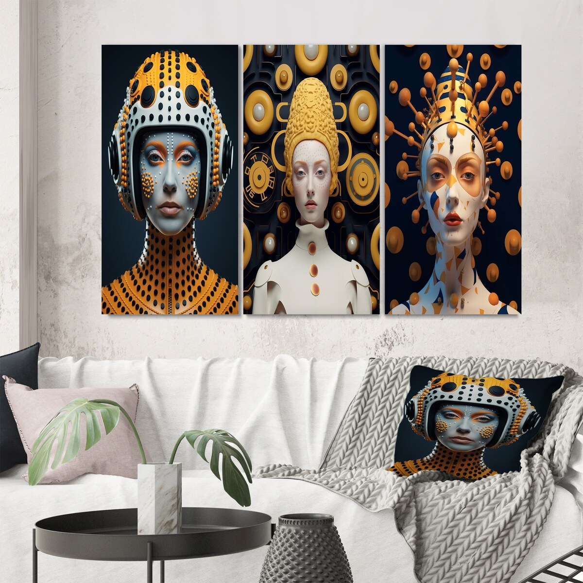 Designart "Sci-Fi Beauty Futuristic Space Woman Portrait I" Fashion Woman Gold - Printed Art Set Of 3 For Bedroom
