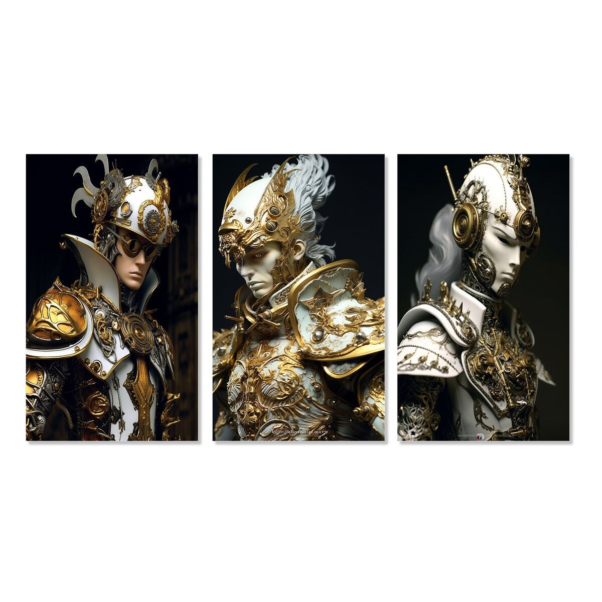 Designart "Sci-Fi Portrait Cyborg Solder In White & Gold II" Robot Wall Art Set Of 3 Modern Printed Art Set For Bedroom