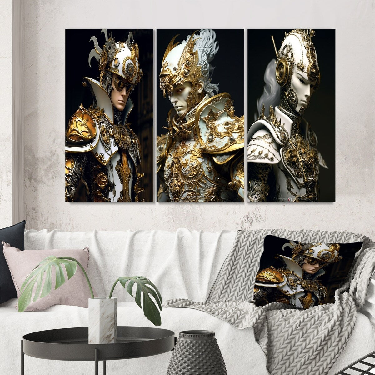 Designart "Sci-Fi Portrait Cyborg Solder In White & Gold II" Robot Wall Art Set Of 3 Modern Printed Art Set For Bedroom