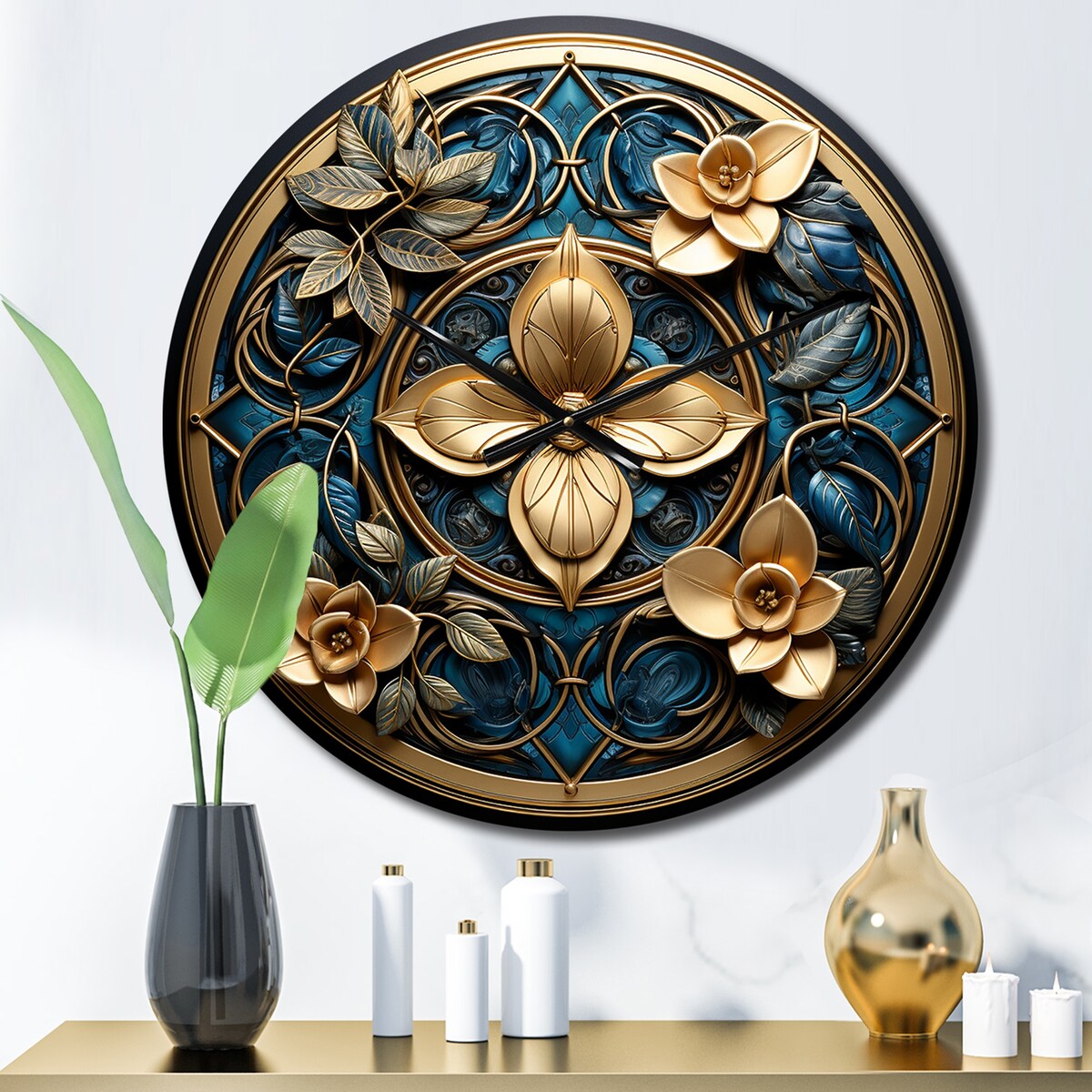 Designart "Seal Of Gold And Teal 3D Flowers" Abstract Botanicals Oversized Wall Clock
