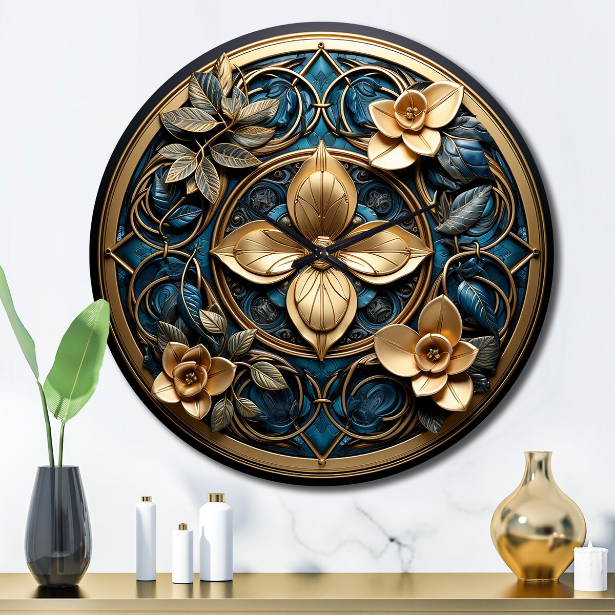 Designart "Seal Of Gold And Teal 3D Flowers" Abstract Botanicals Oversized Wall Clock