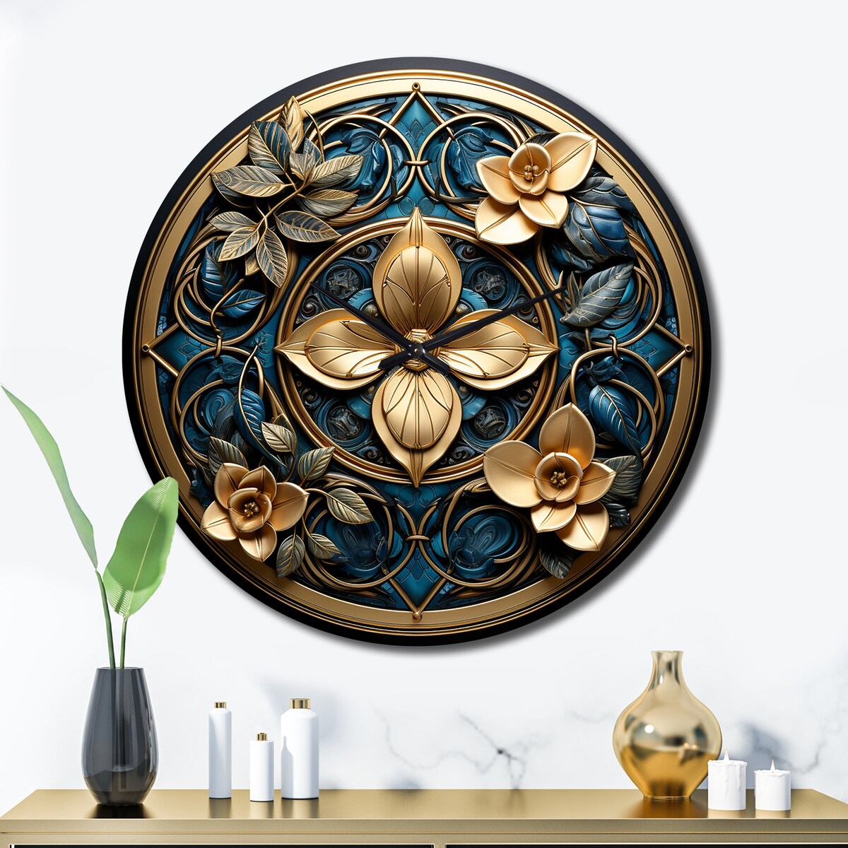 Designart "Seal Of Gold And Teal 3D Flowers" Abstract Botanicals Oversized Wall Clock