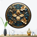 Designart "Seal Of Gold And Teal 3D Flowers" Abstract Botanicals Oversized Wall Clock