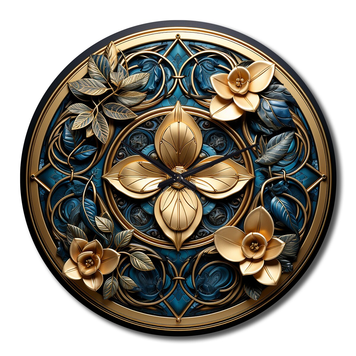 Designart "Seal Of Gold And Teal 3D Flowers" Abstract Botanicals Oversized Wall Clock