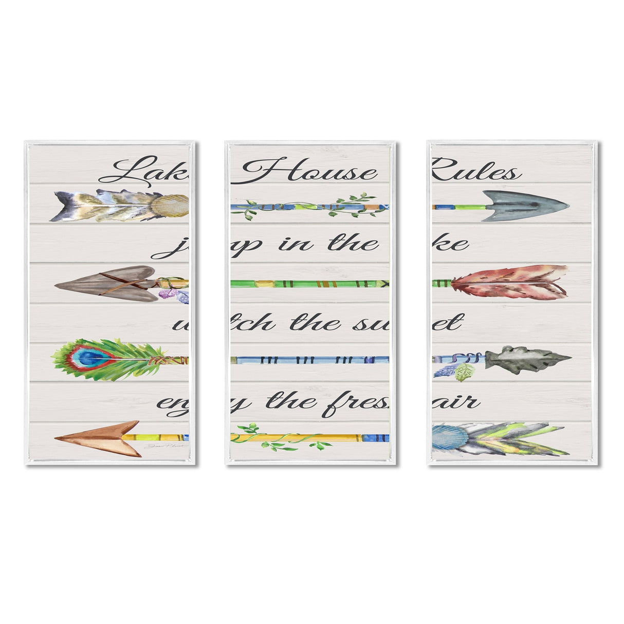 Designart "Sentimental Arrows-Lake House Rules" Lakehouse Framed Wall Art Set of 3 - 4 Colors of Frames