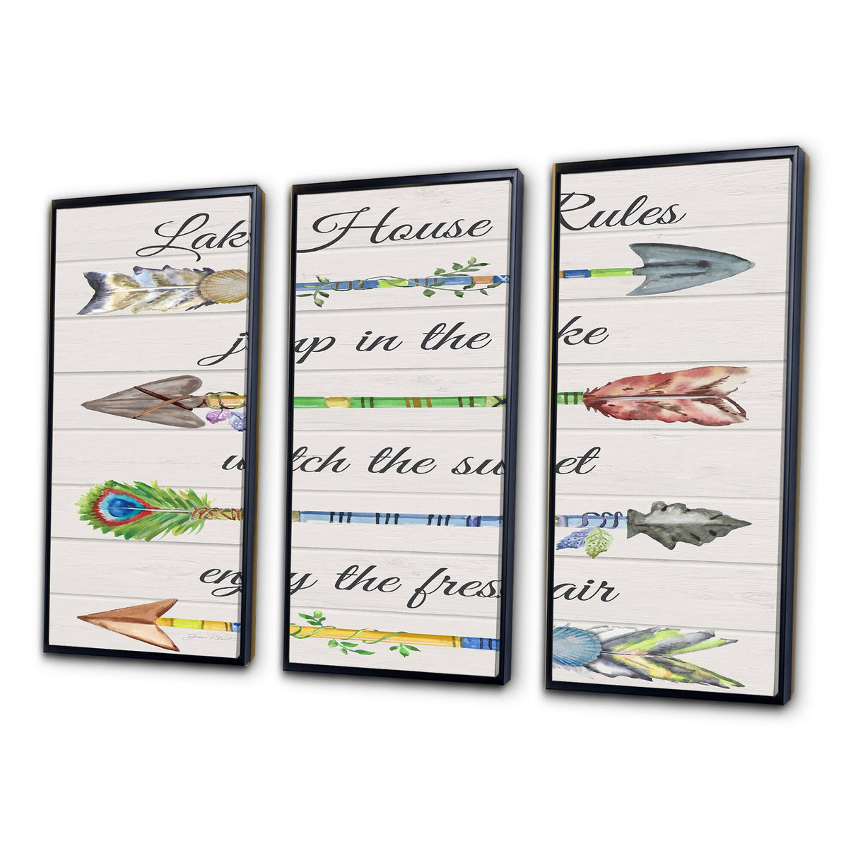 Designart "Sentimental Arrows-Lake House Rules" Lakehouse Framed Wall Art Set of 3 - 4 Colors of Frames