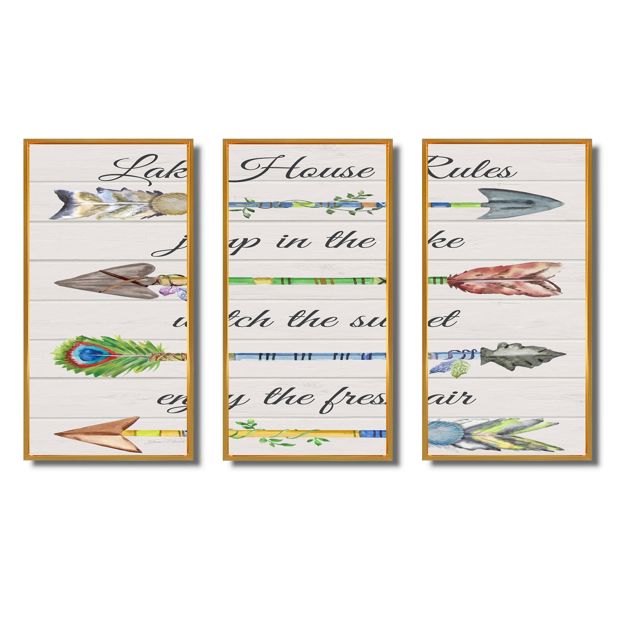 Designart "Sentimental Arrows-Lake House Rules" Lakehouse Framed Wall Art Set of 3 - 4 Colors of Frames