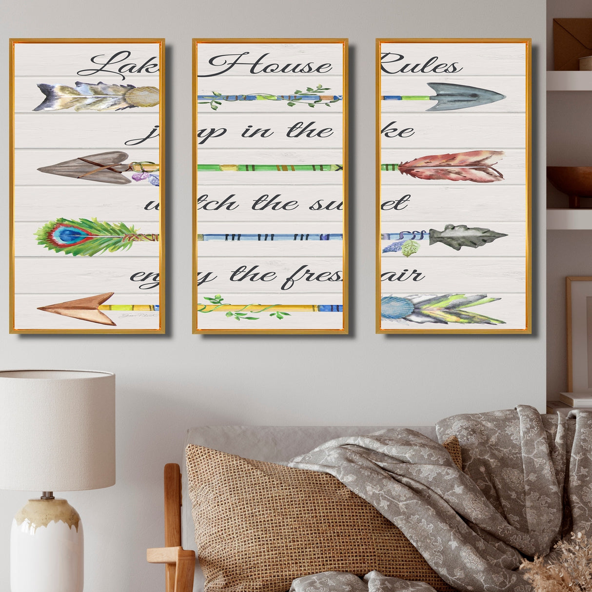 Designart "Sentimental Arrows-Lake House Rules" Lakehouse Framed Wall Art Set of 3 - 4 Colors of Frames