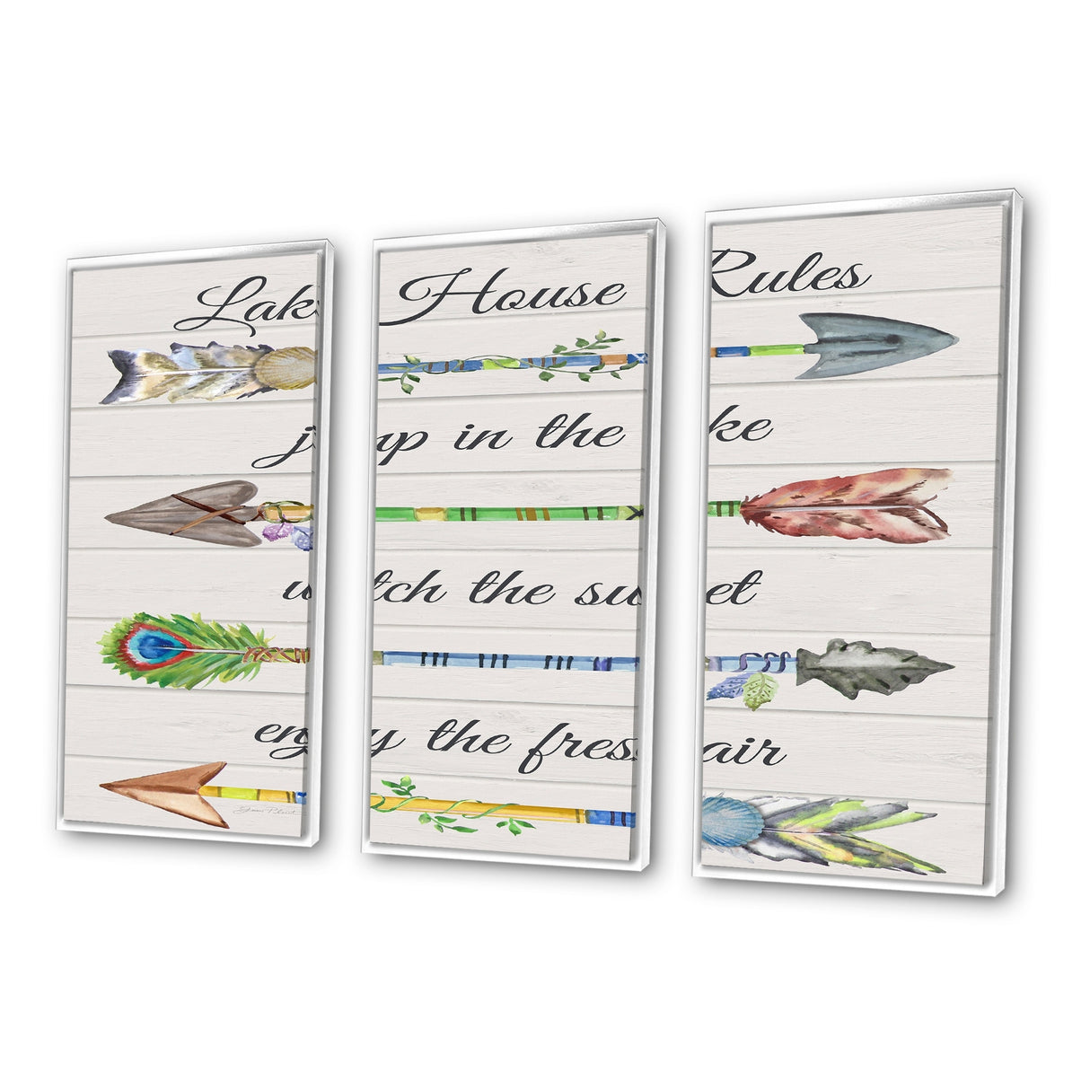 Designart "Sentimental Arrows-Lake House Rules" Lakehouse Framed Wall Art Set of 3 - 4 Colors of Frames