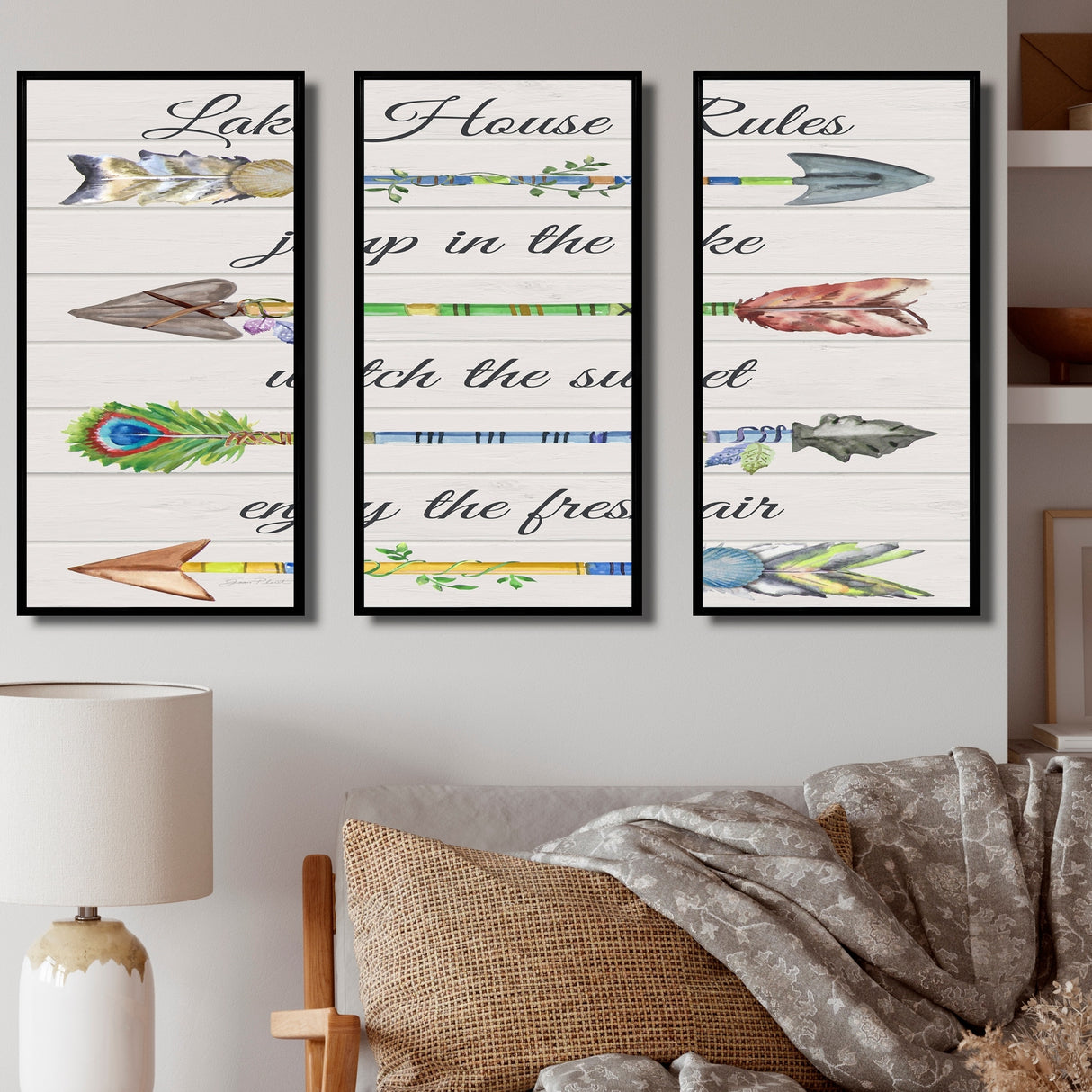 Designart "Sentimental Arrows-Lake House Rules" Lakehouse Framed Wall Art Set of 3 - 4 Colors of Frames