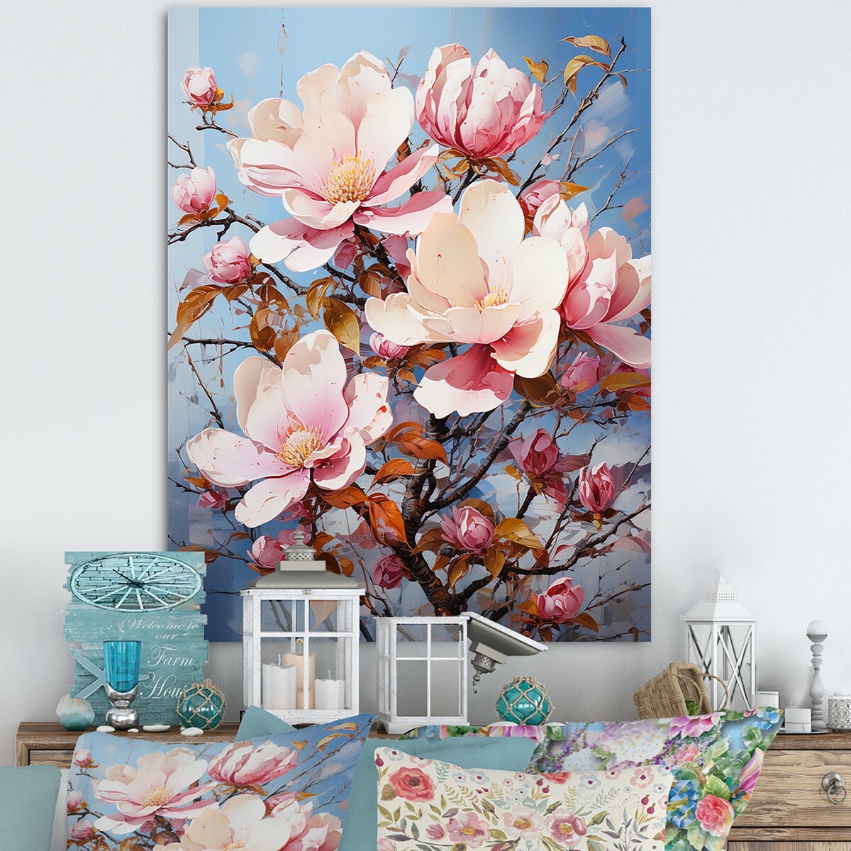 Designart "Serenade Of Blue And Pink Magnolias" Magnolias Wall Art