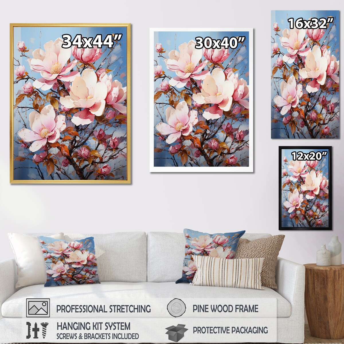 Designart "Serenade Of Blue And Pink Magnolias" Magnolias Wall Art