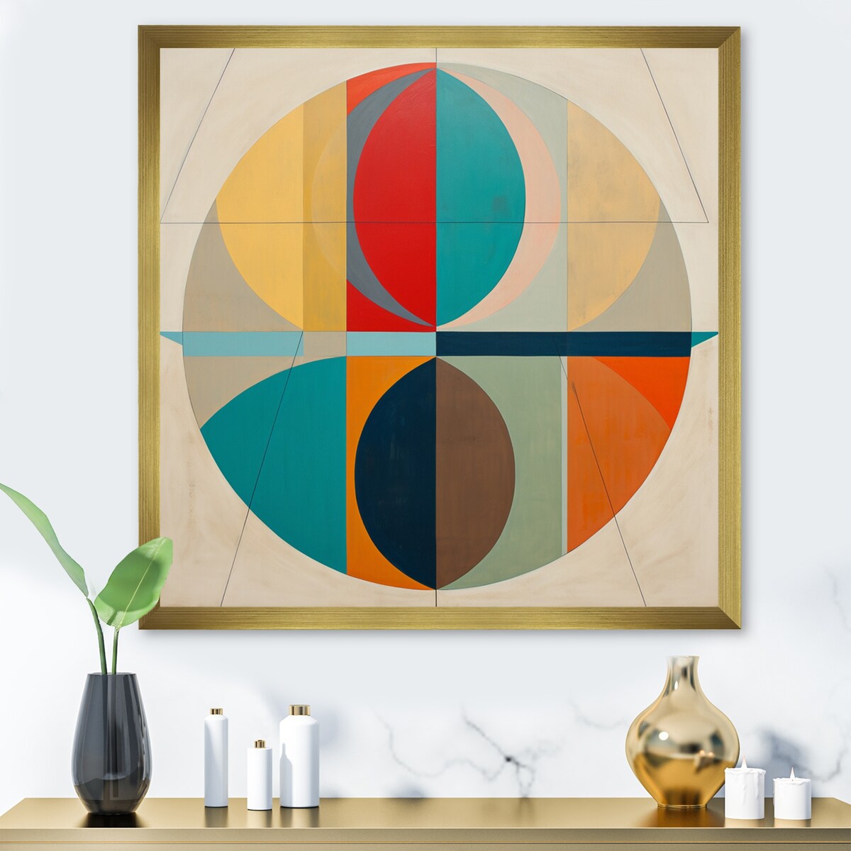 Designart "Serendipity Retro Abstract Midcentury Geometrics I" Modern Midcentury Framed Wall Art Living Room