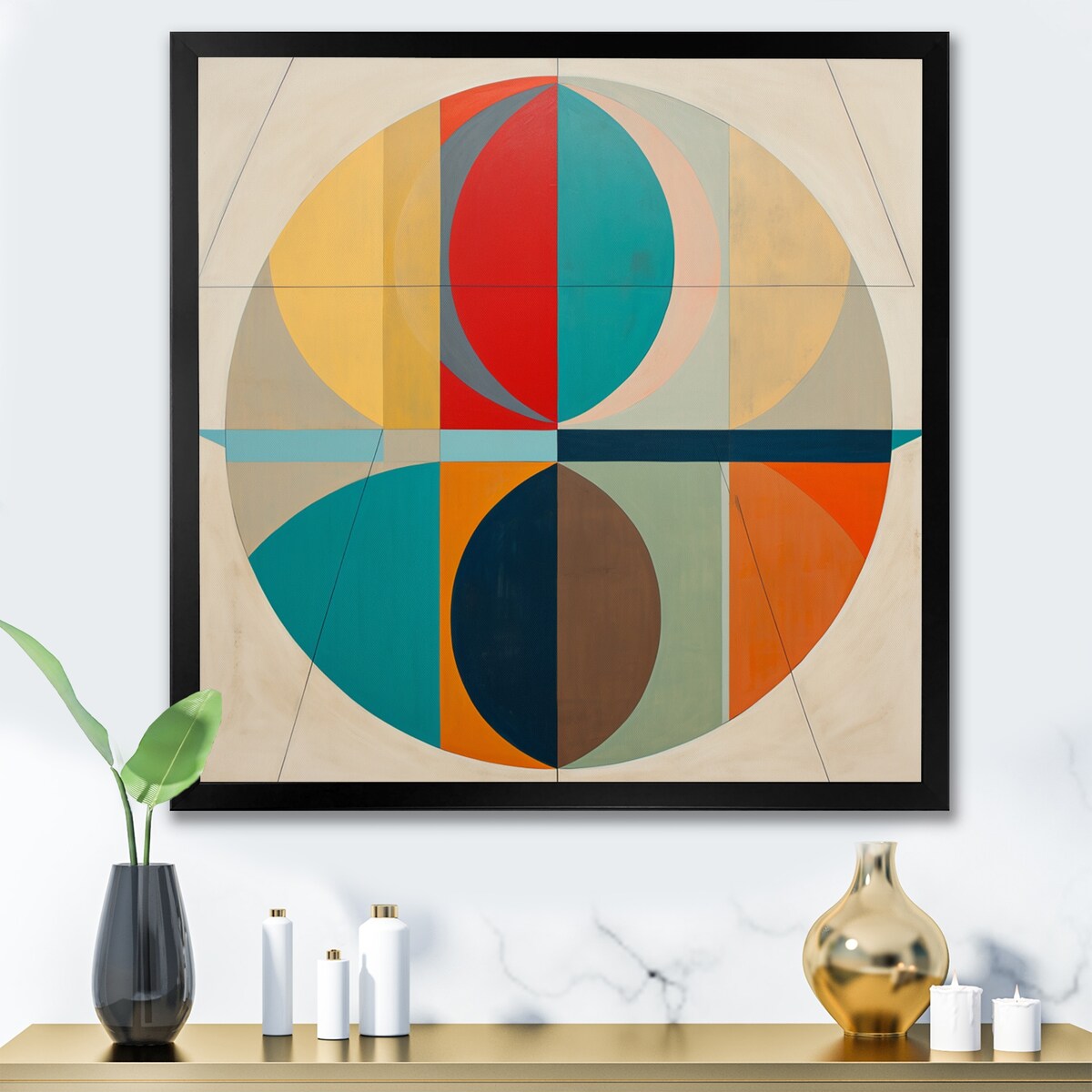 Designart "Serendipity Retro Abstract Midcentury Geometrics I" Modern Midcentury Framed Wall Art Living Room