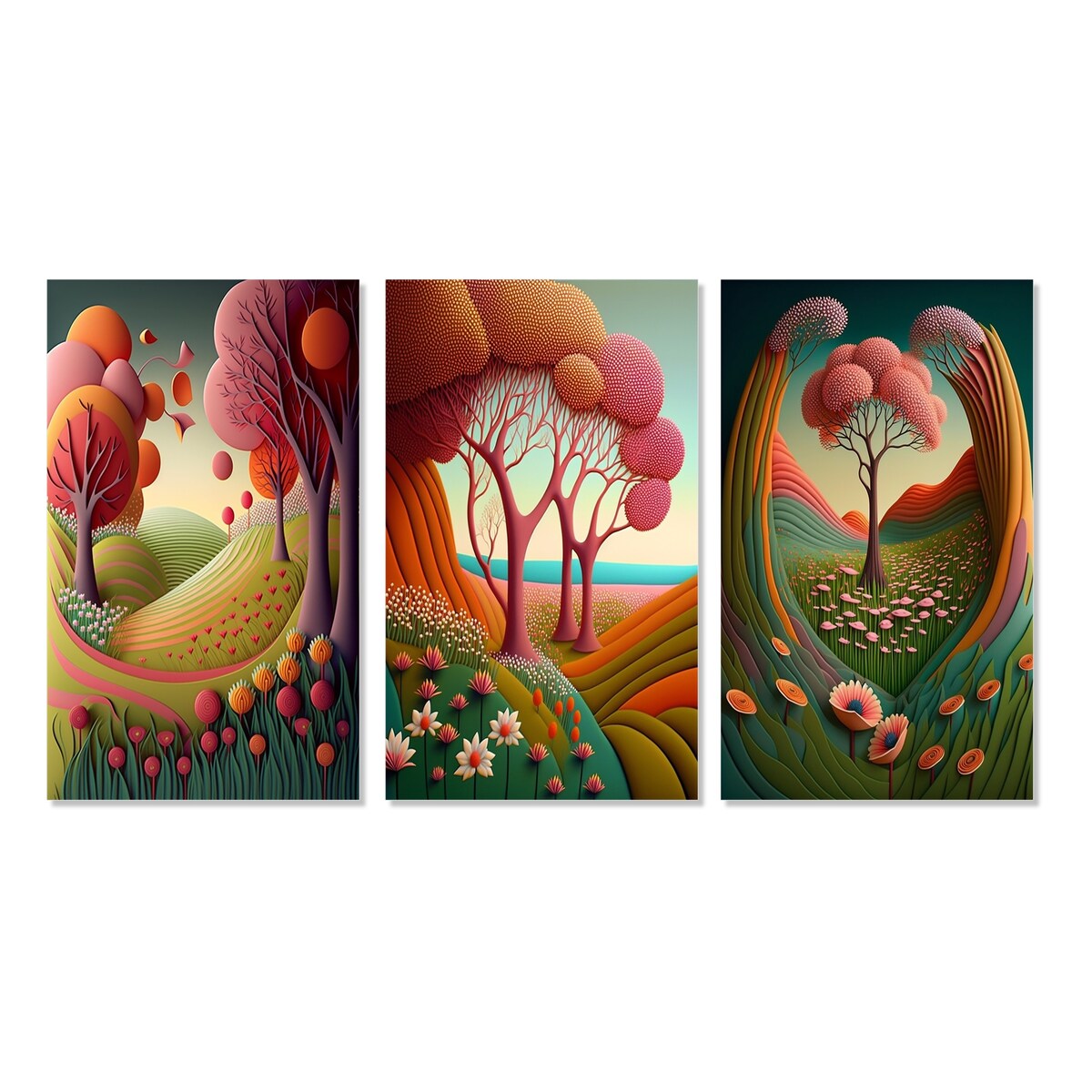 Designart "Serene Magical Pink Trees In Flowerfields II" Forest Wall Art Traditional Printed Art Set Of 3 For Bedroom