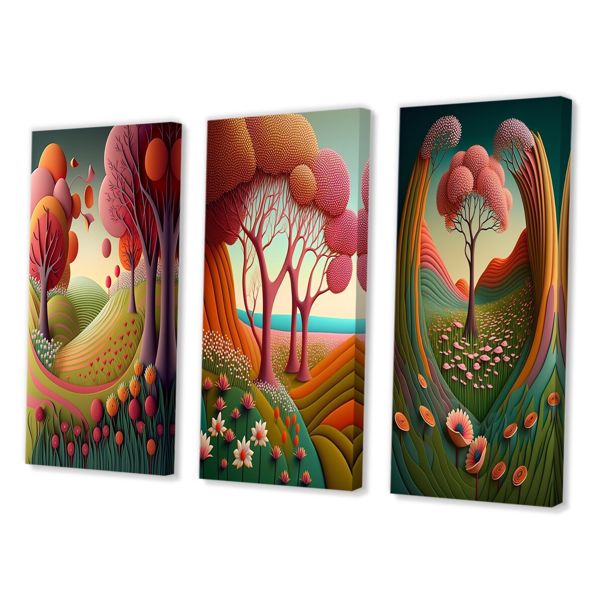 Designart "Serene Magical Pink Trees In Flowerfields II" Forest Wall Art Traditional Printed Art Set Of 3 For Bedroom