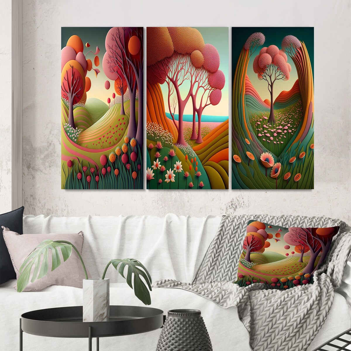 Designart "Serene Magical Pink Trees In Flowerfields II" Forest Wall Art Traditional Printed Art Set Of 3 For Bedroom