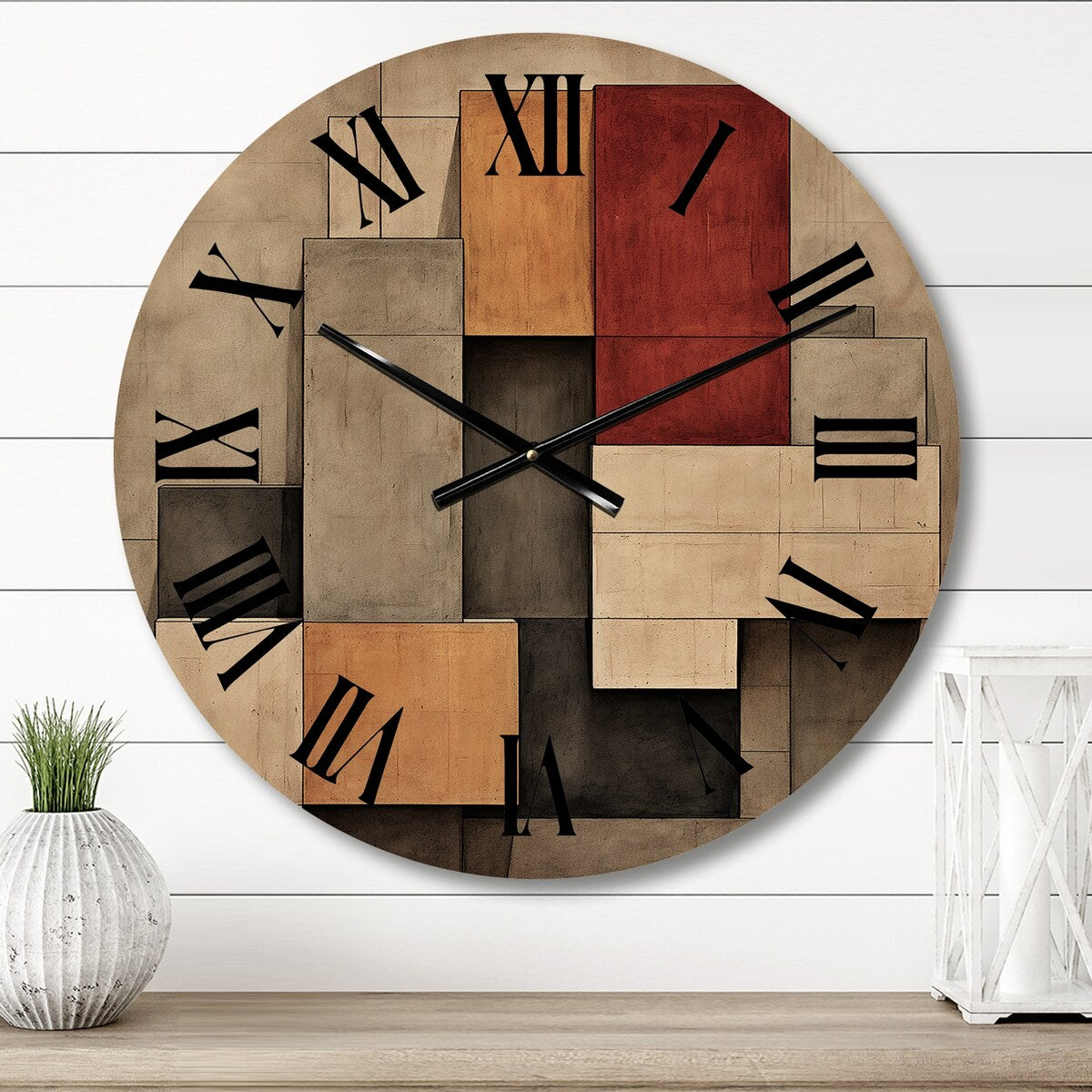 Designart "Simplicity Of Beauty Vintage Minimal Geometrics II" Abstract Geometric Oversized Wood Wall Clock