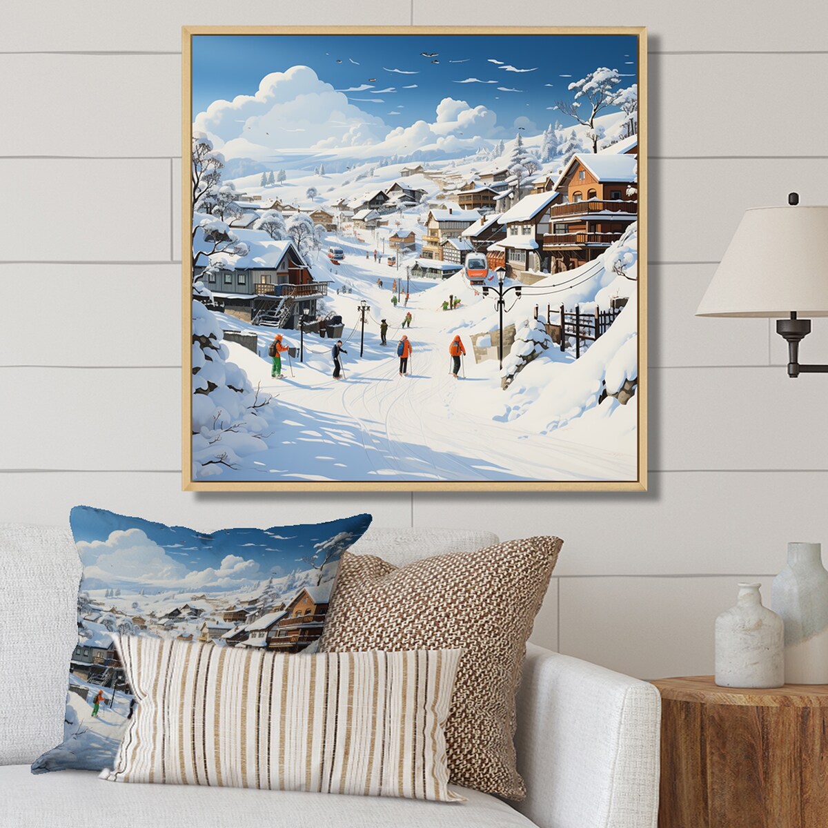 Designart "Skiing Winter Village Horizon" Fruits White Wall Decor - Traditional Bedroom Framed Canvas Wall Art