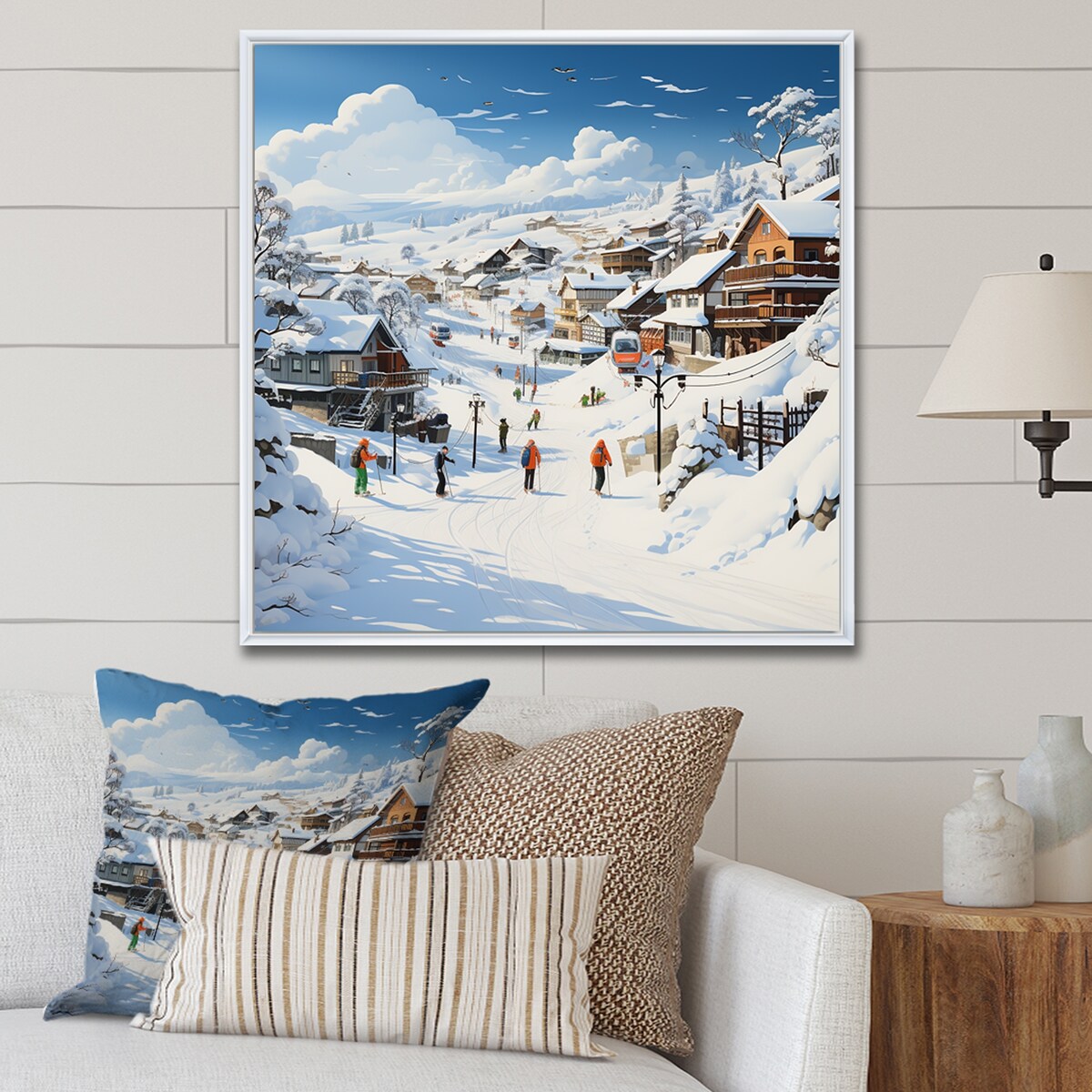 Designart "Skiing Winter Village Horizon" Fruits White Wall Decor - Traditional Bedroom Framed Canvas Wall Art
