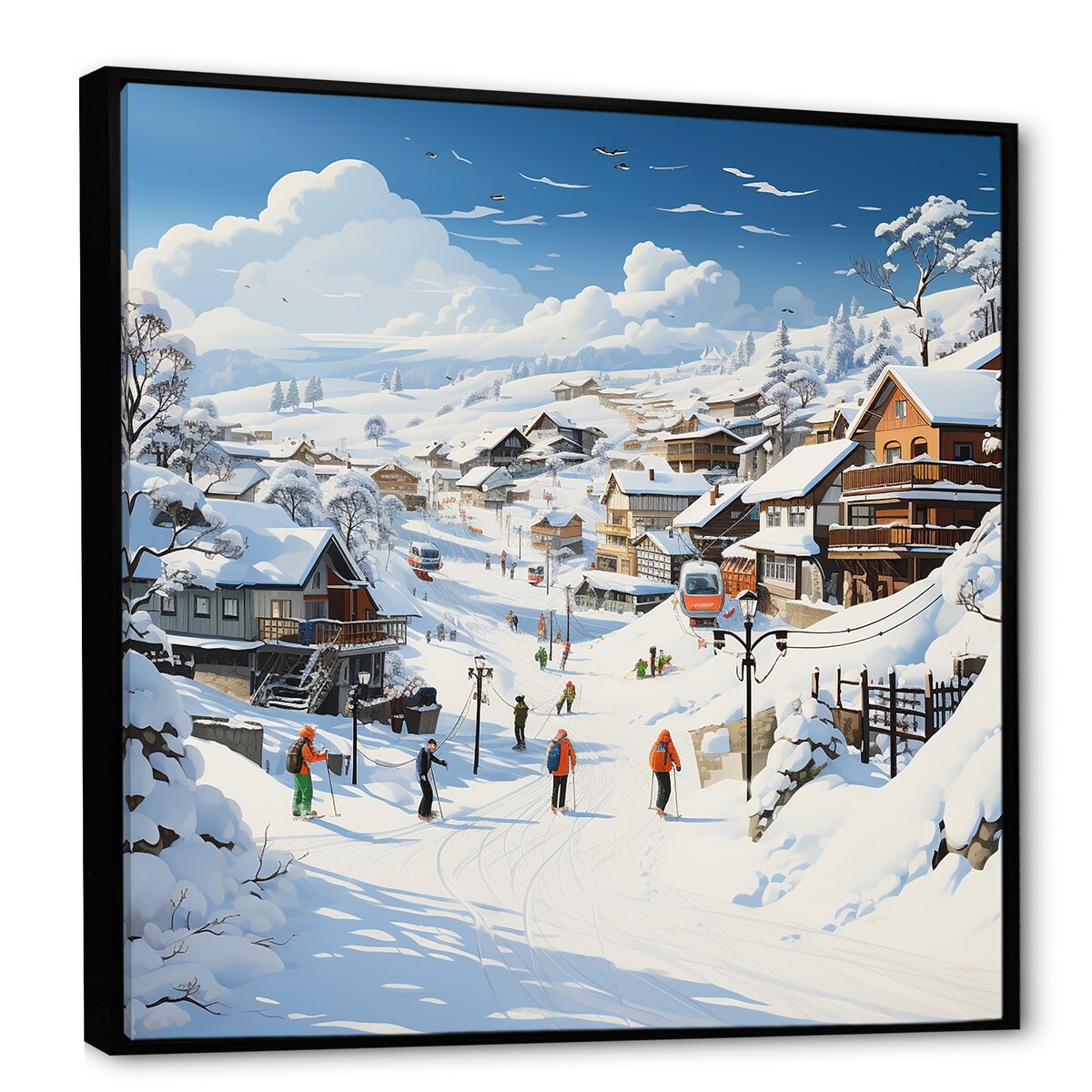 Designart "Skiing Winter Village Horizon" Fruits White Wall Decor - Traditional Bedroom Framed Canvas Wall Art