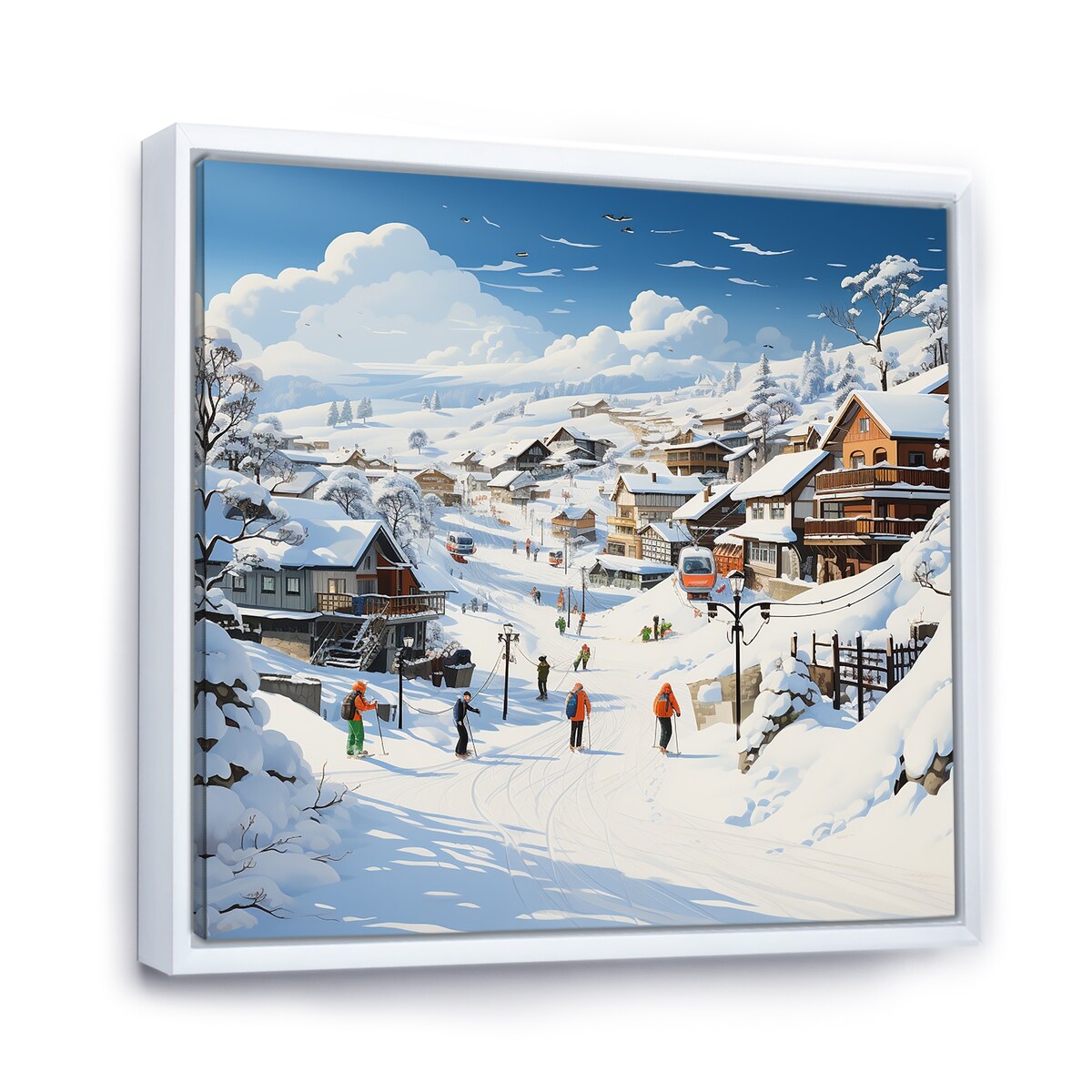Designart "Skiing Winter Village Horizon" Fruits White Wall Decor - Traditional Bedroom Framed Canvas Wall Art