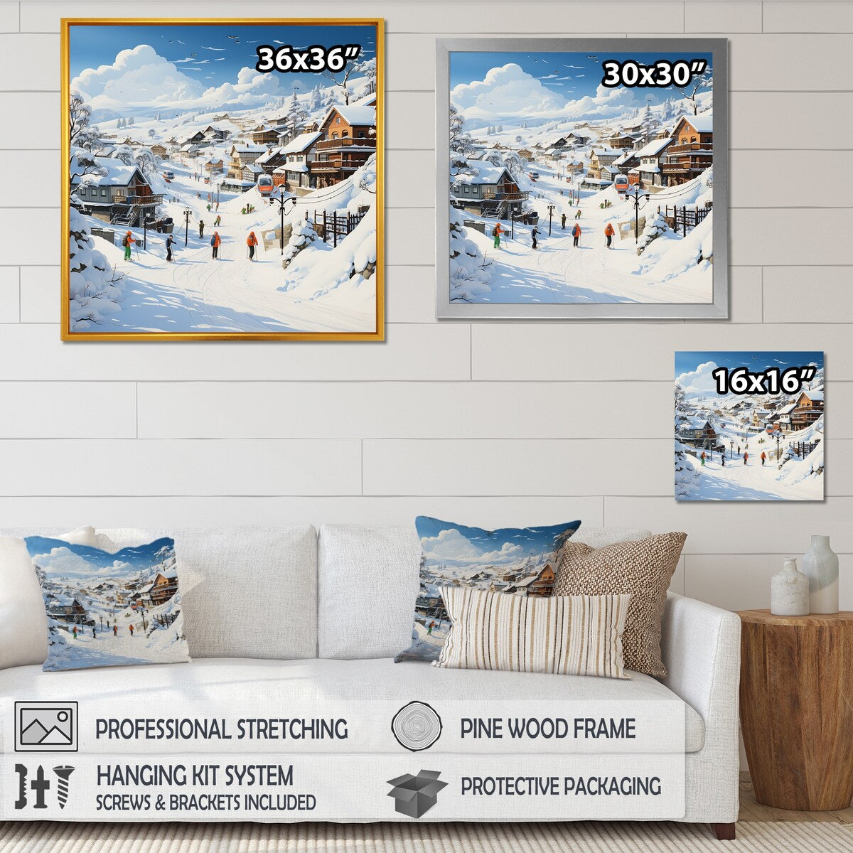 Designart "Skiing Winter Village Horizon" Fruits White Wall Decor - Traditional Bedroom Framed Canvas Wall Art