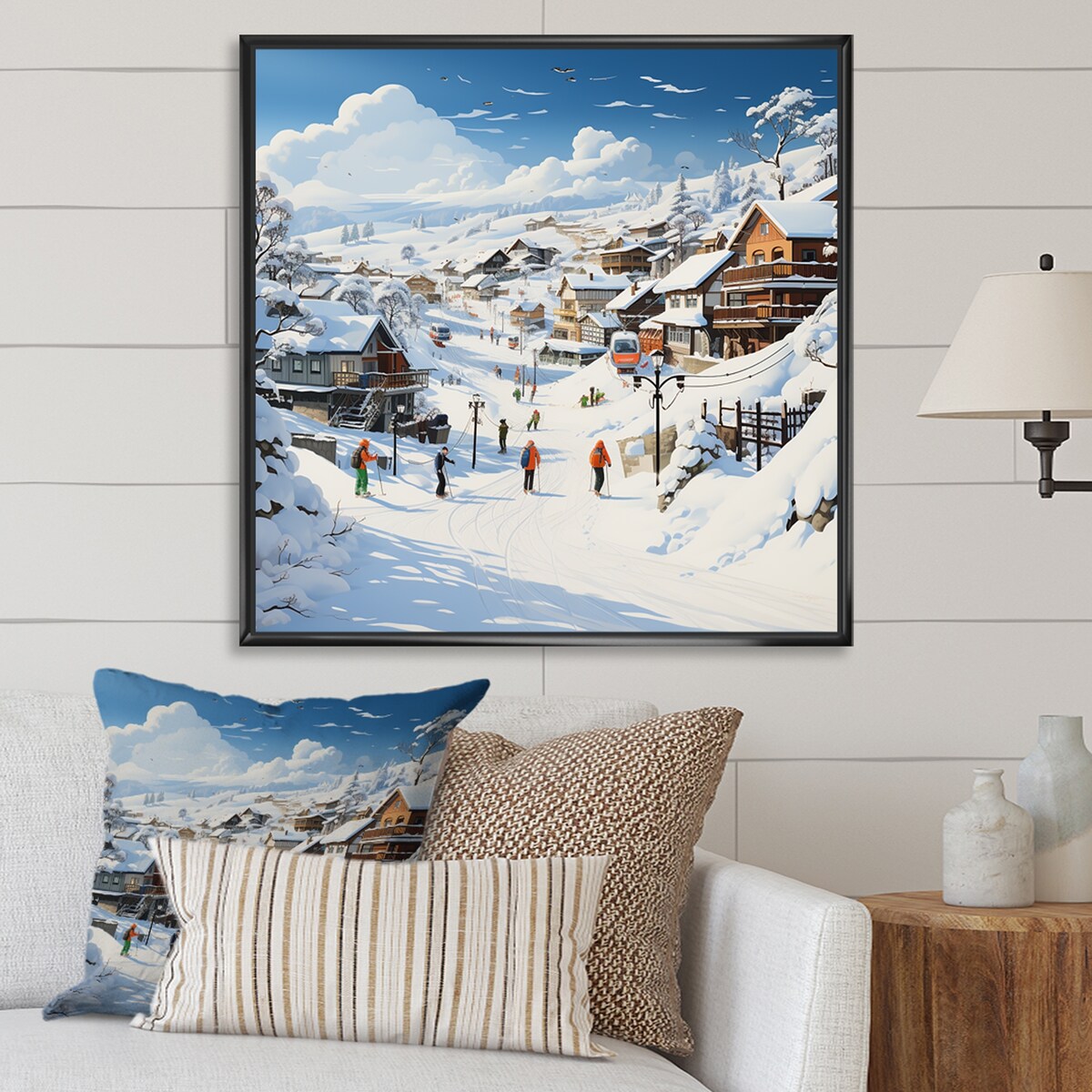 Designart "Skiing Winter Village Horizon" Fruits White Wall Decor - Traditional Bedroom Framed Canvas Wall Art