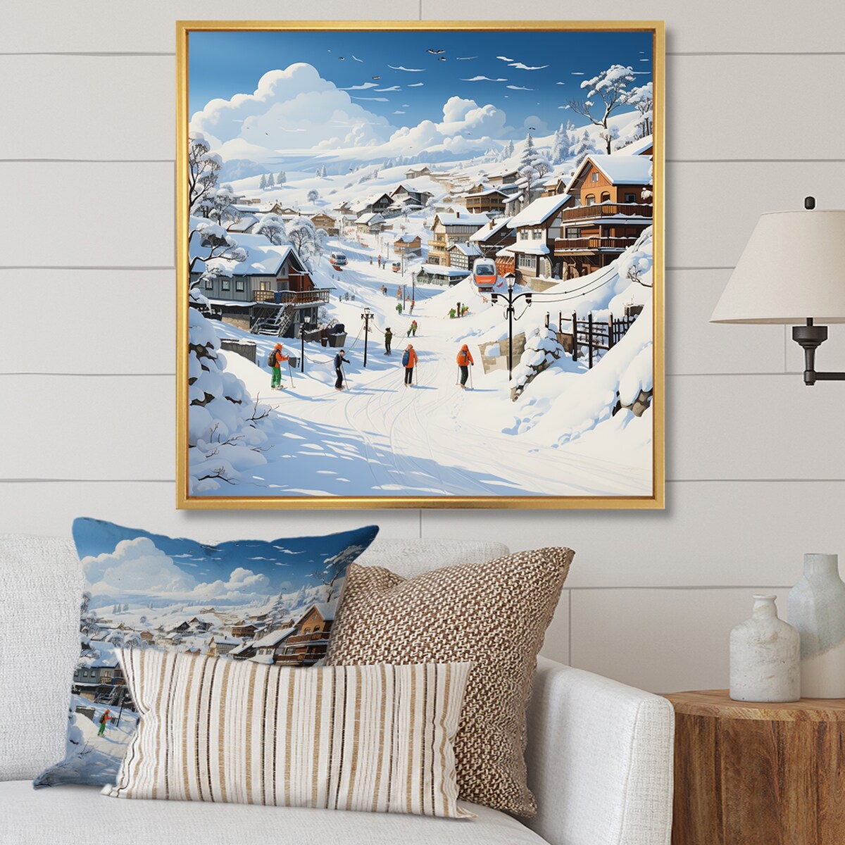 Designart "Skiing Winter Village Horizon" Fruits White Wall Decor - Traditional Bedroom Framed Canvas Wall Art