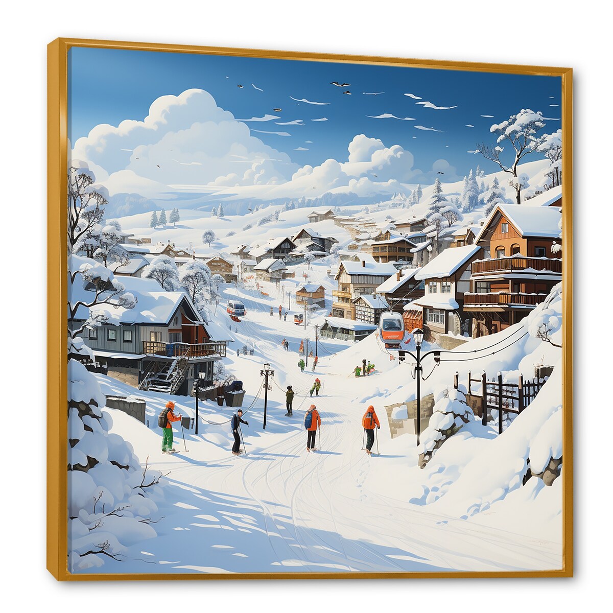 Designart "Skiing Winter Village Horizon" Fruits White Wall Decor - Traditional Bedroom Framed Canvas Wall Art