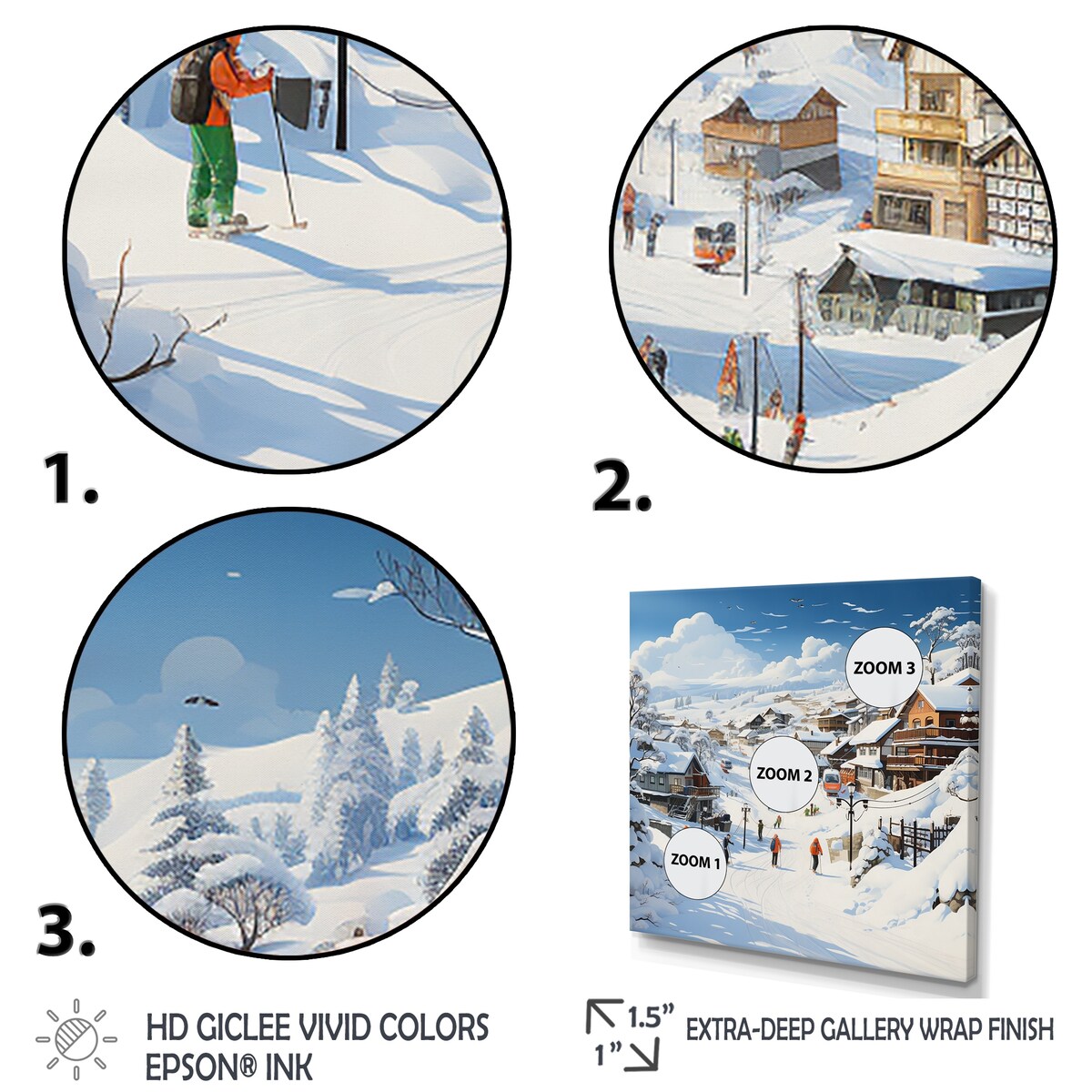 Designart "Skiing Winter Village Horizon" Fruits White Wall Decor - Traditional Bedroom Framed Canvas Wall Art