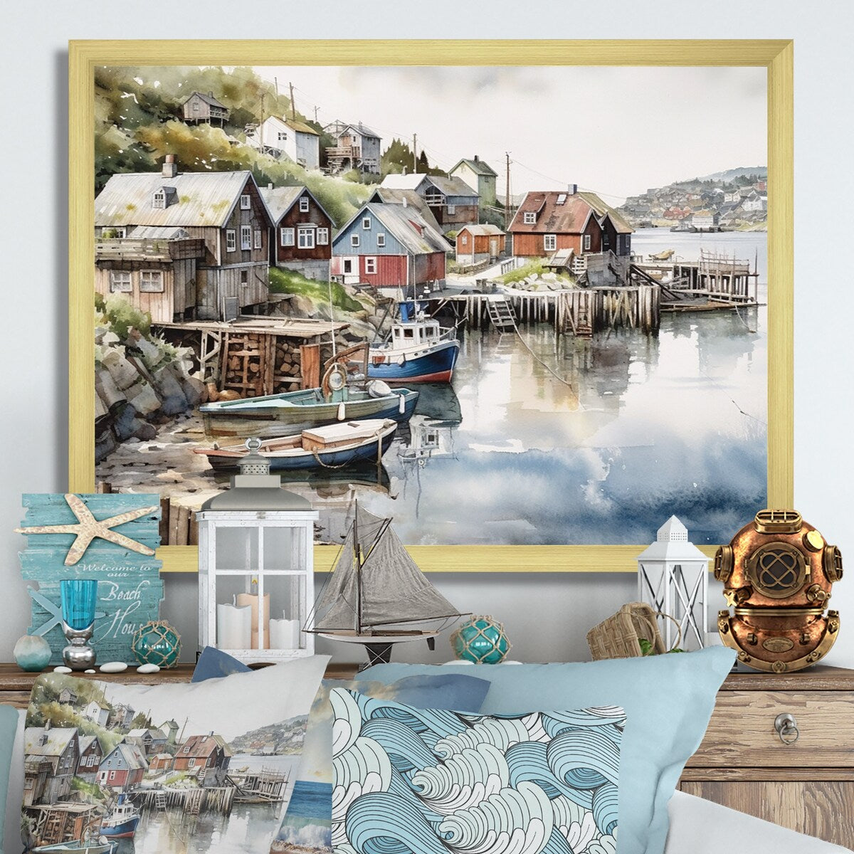 Designart "Small Town Harbor Norway I" Port Landscape Framed Canvas Wall Art
