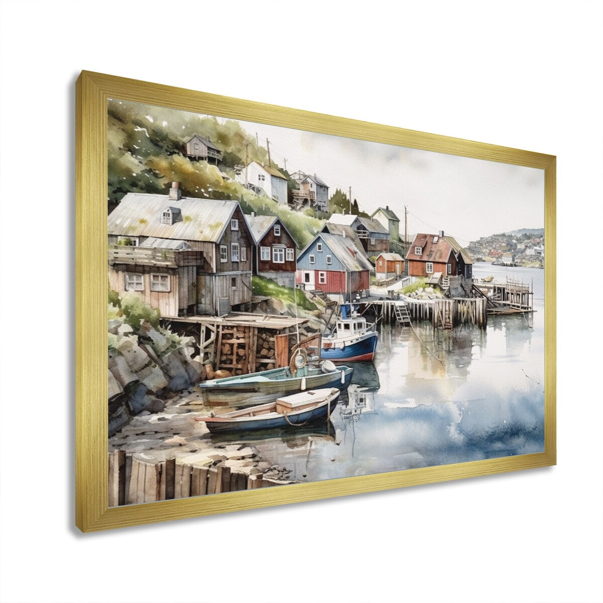 Designart "Small Town Harbor Norway I" Port Landscape Framed Canvas Wall Art