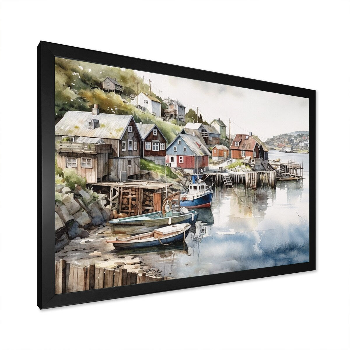 Designart "Small Town Harbor Norway I" Port Landscape Framed Canvas Wall Art