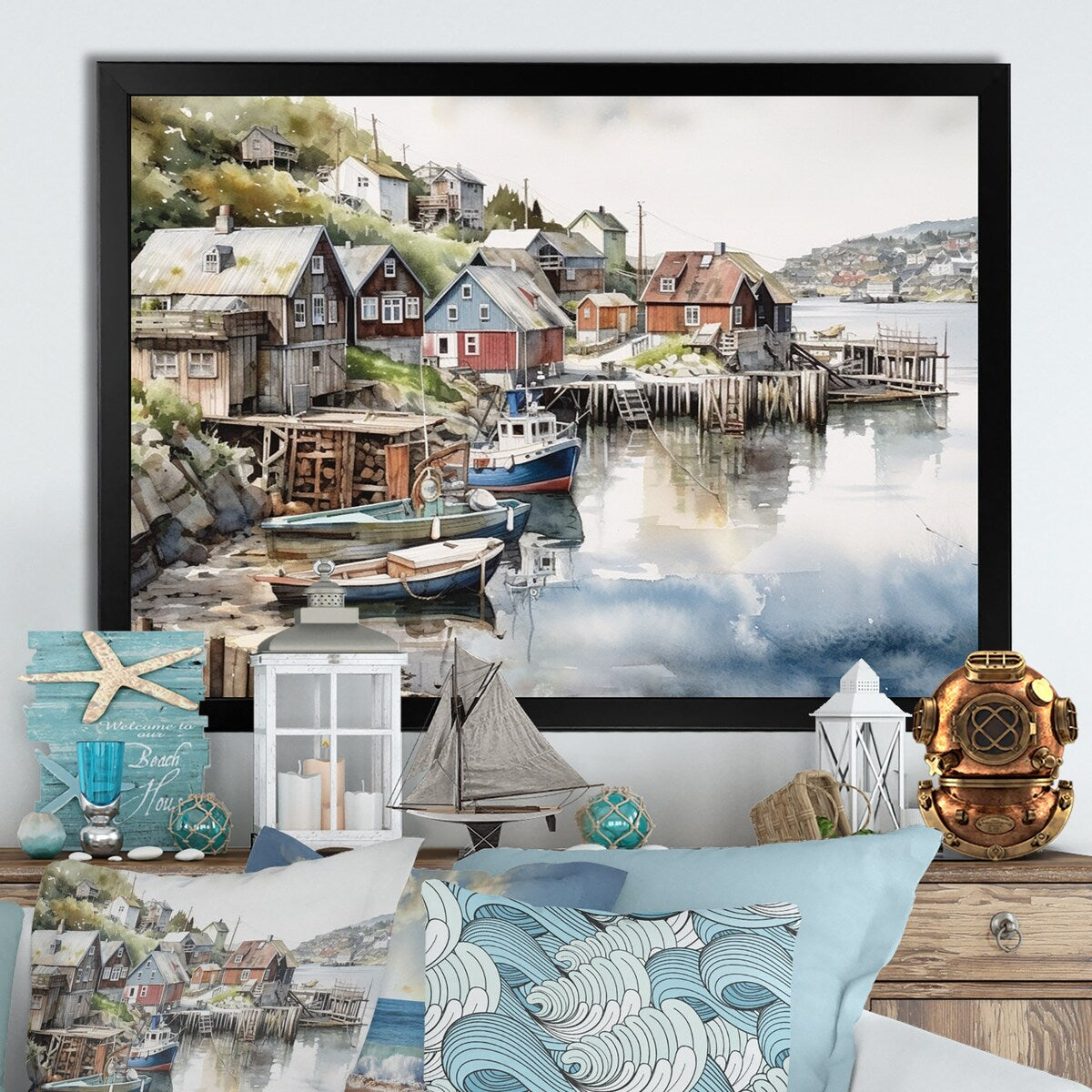Designart "Small Town Harbor Norway I" Port Landscape Framed Canvas Wall Art