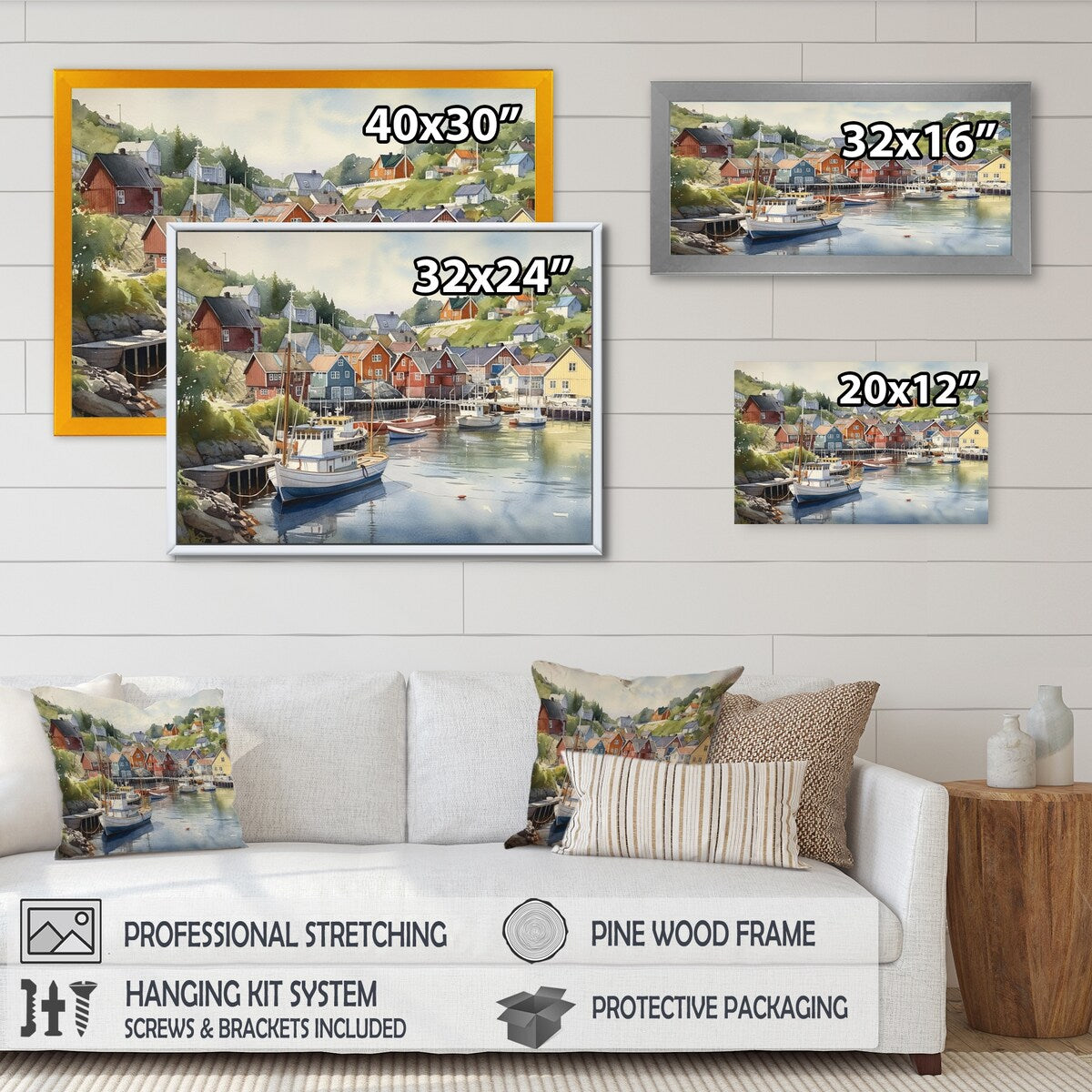 Designart "Small Town Harbor Norway Iii" Port Landscape Framed Canvas Art Print
