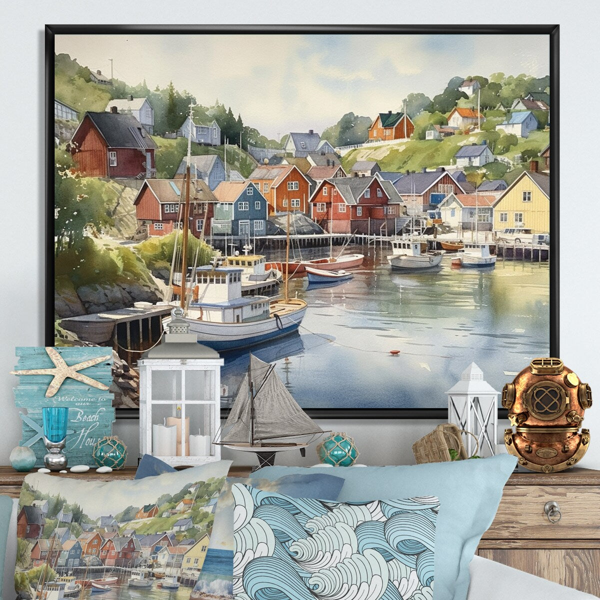 Designart "Small Town Harbor Norway Iii" Port Landscape Framed Canvas Art Print