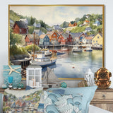 Designart "Small Town Harbor Norway Iii" Port Landscape Framed Canvas Art Print