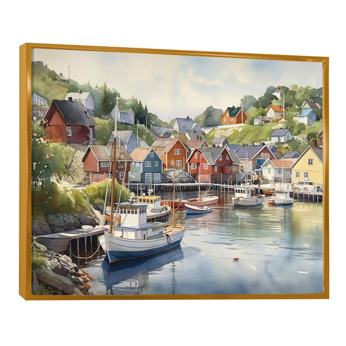 Designart "Small Town Harbor Norway Iii" Port Landscape Framed Canvas Art Print