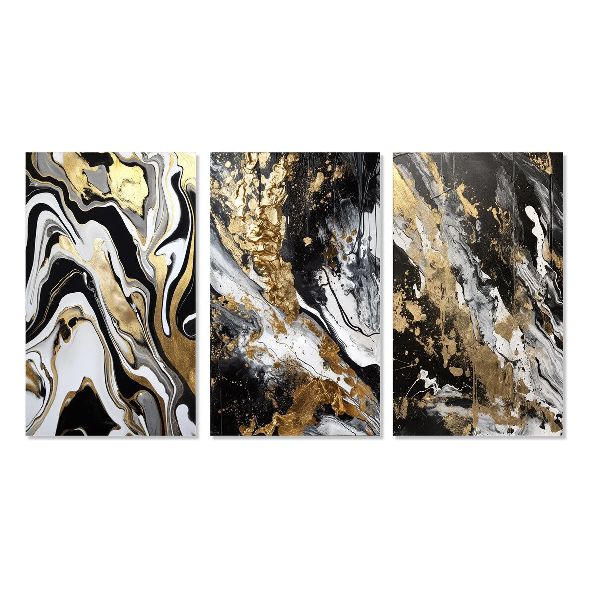 Designart "Smooth Grooves Black And Liquid Gold Marble Art" Abstract Painting Canvas Set Of 3 - For Living Room Decor