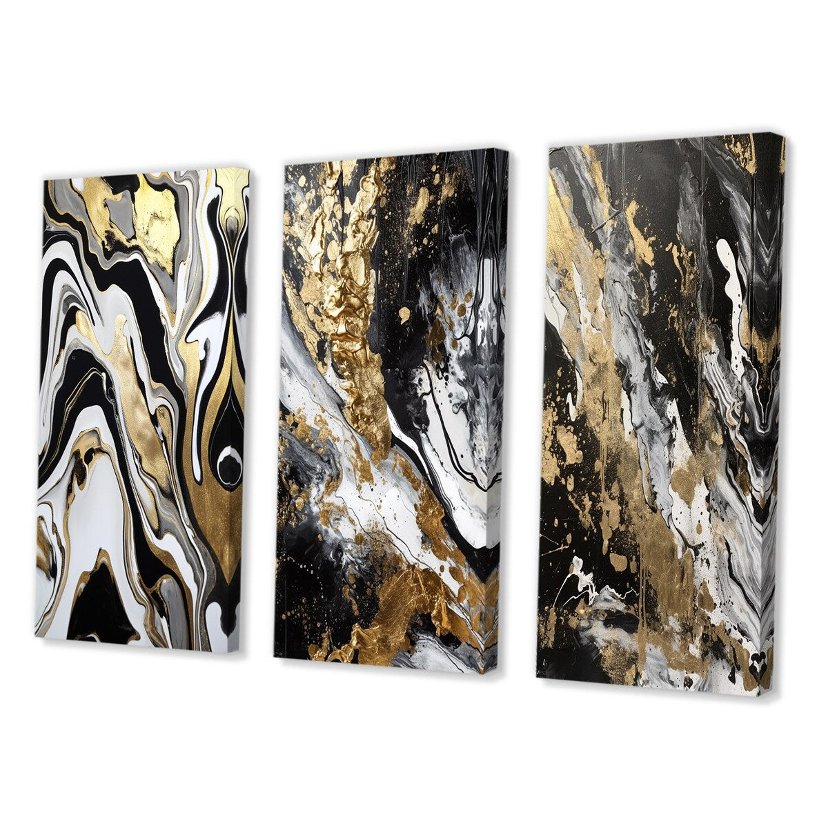 Designart "Smooth Grooves Black And Liquid Gold Marble Art" Abstract Painting Canvas Set Of 3 - For Living Room Decor