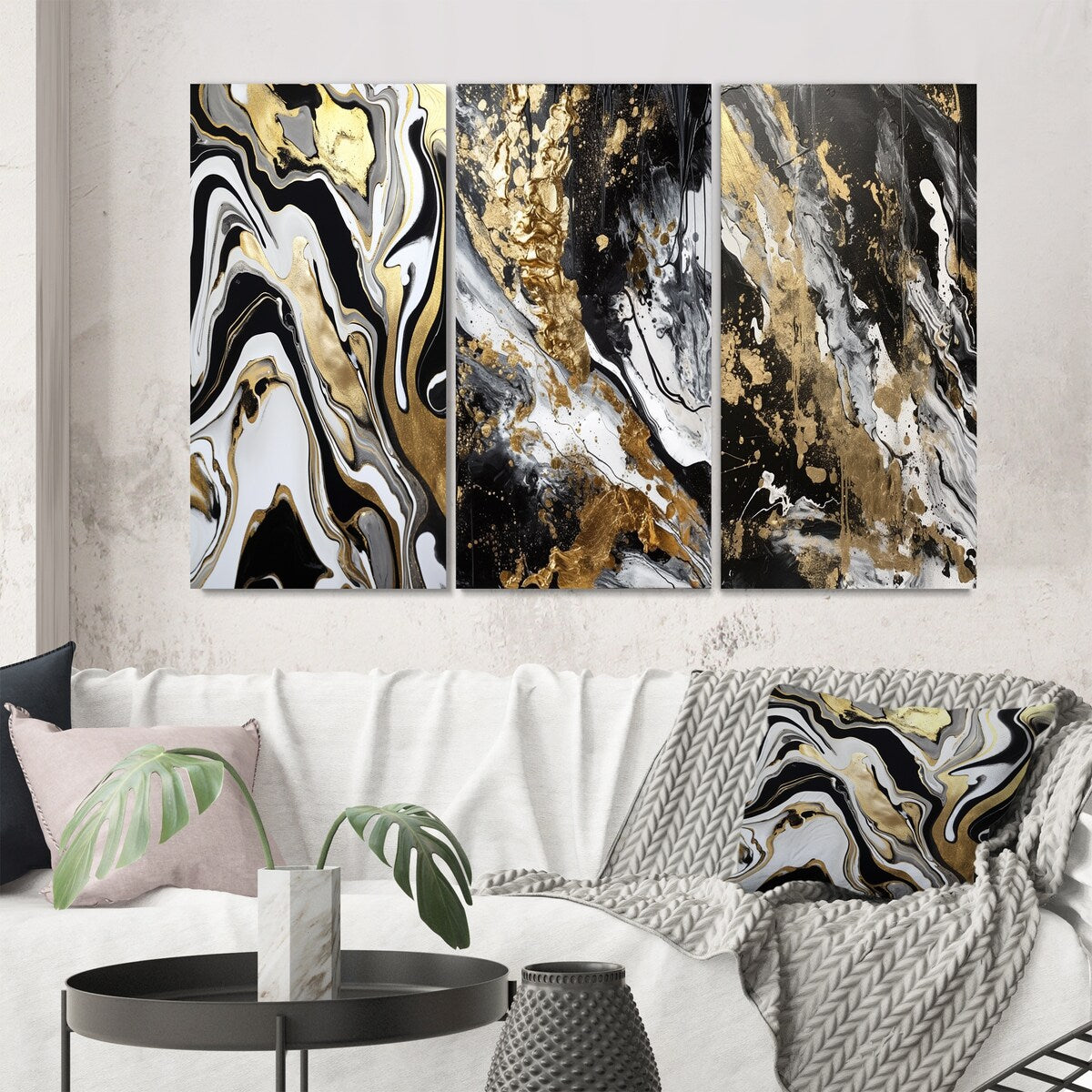 Designart "Smooth Grooves Black And Liquid Gold Marble Art" Abstract Painting Canvas Set Of 3 - For Living Room Decor
