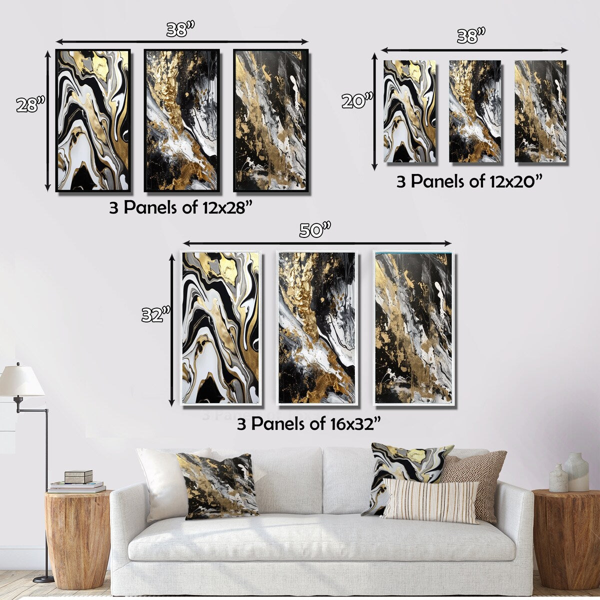Designart "Smooth Grooves Black And Liquid Gold Marble Art" Abstract Painting Canvas Set Of 3 - For Living Room Decor