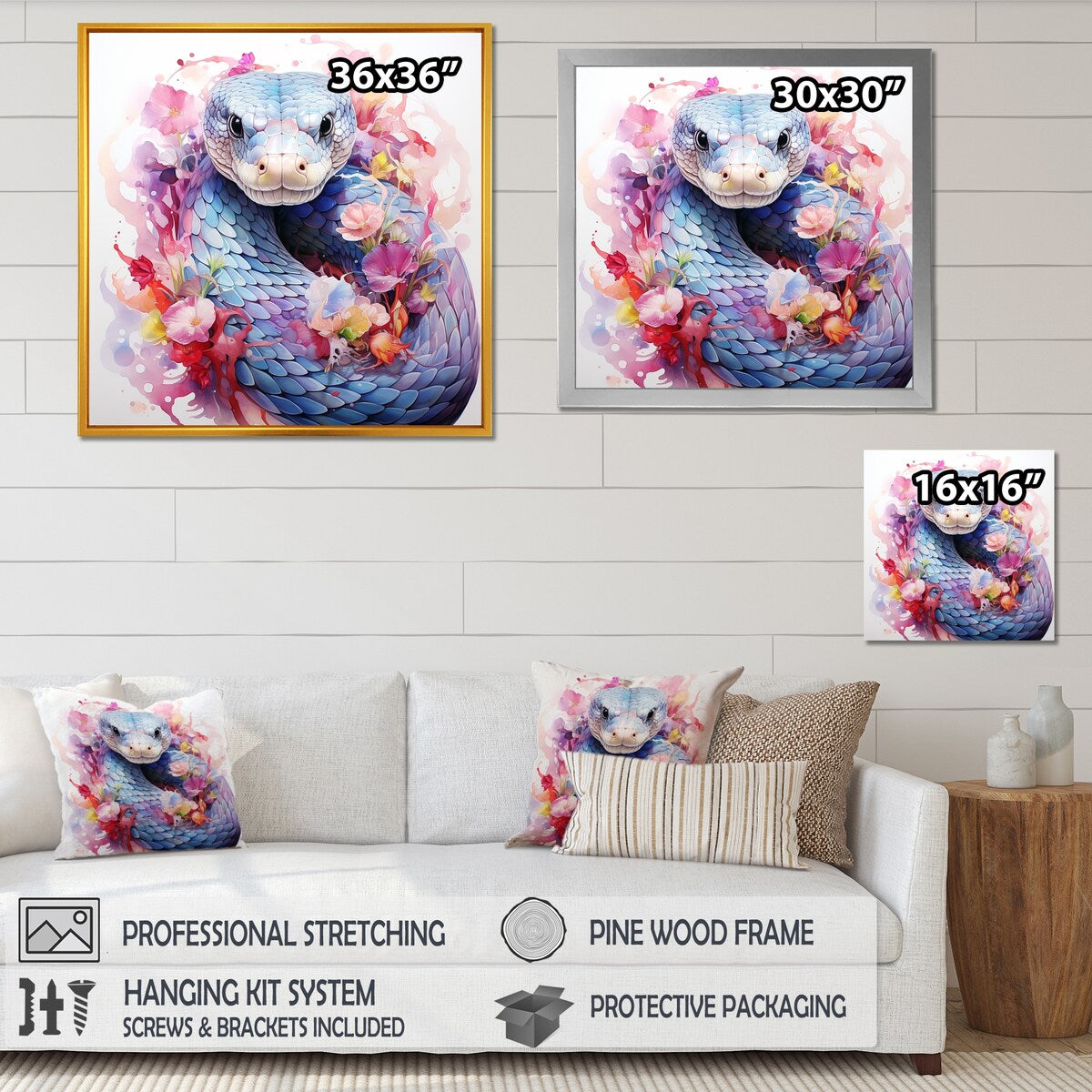 Designart "Snakes Floral Grace II" Snake Pink Wall Decor - Modern Bedroom Framed Canvas Wall Art