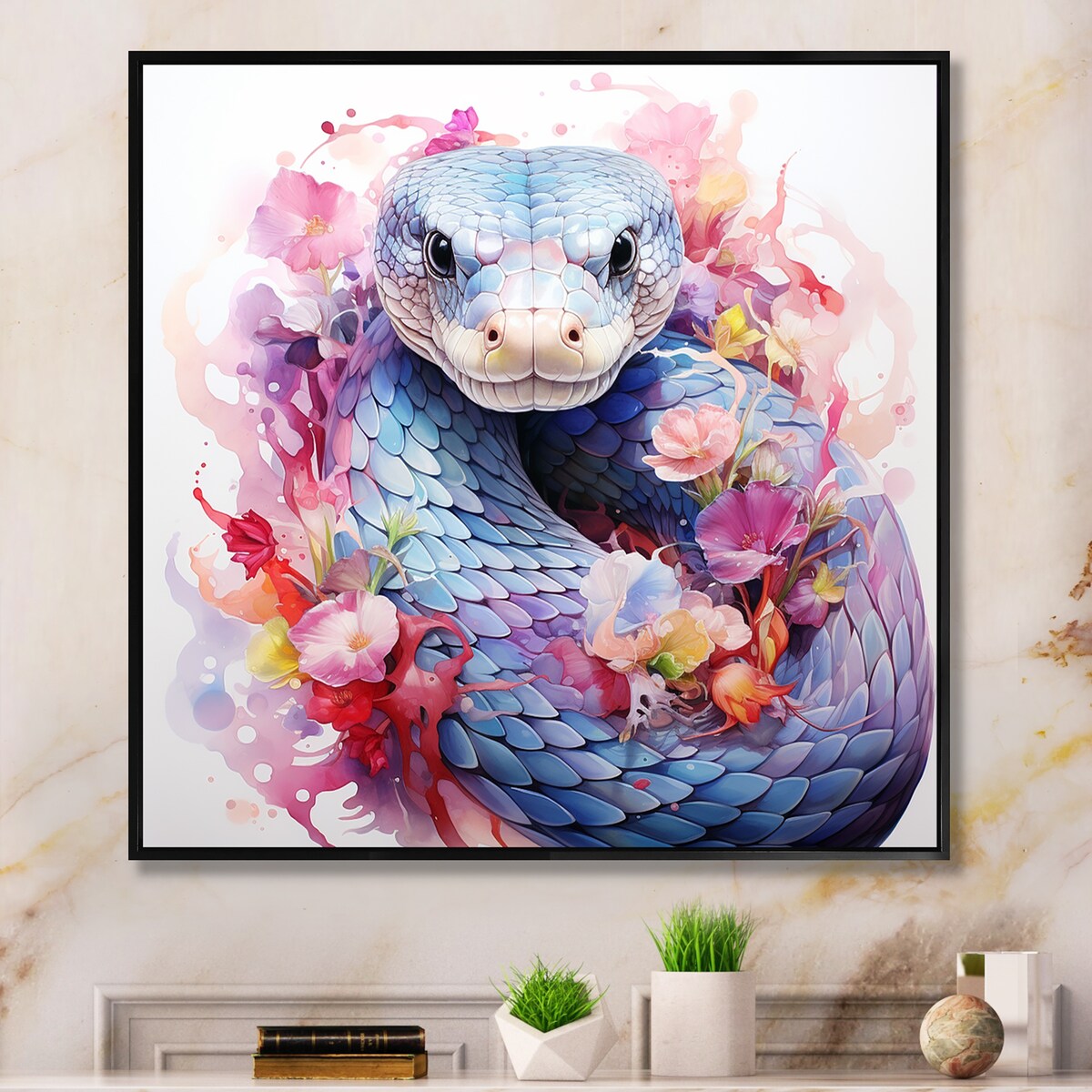 Designart "Snakes Floral Grace II" Snake Pink Wall Decor - Modern Bedroom Framed Canvas Wall Art
