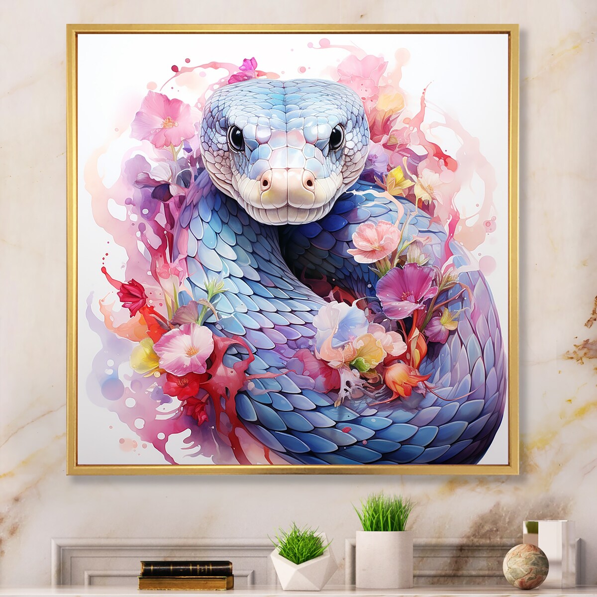 Designart "Snakes Floral Grace II" Snake Pink Wall Decor - Modern Bedroom Framed Canvas Wall Art